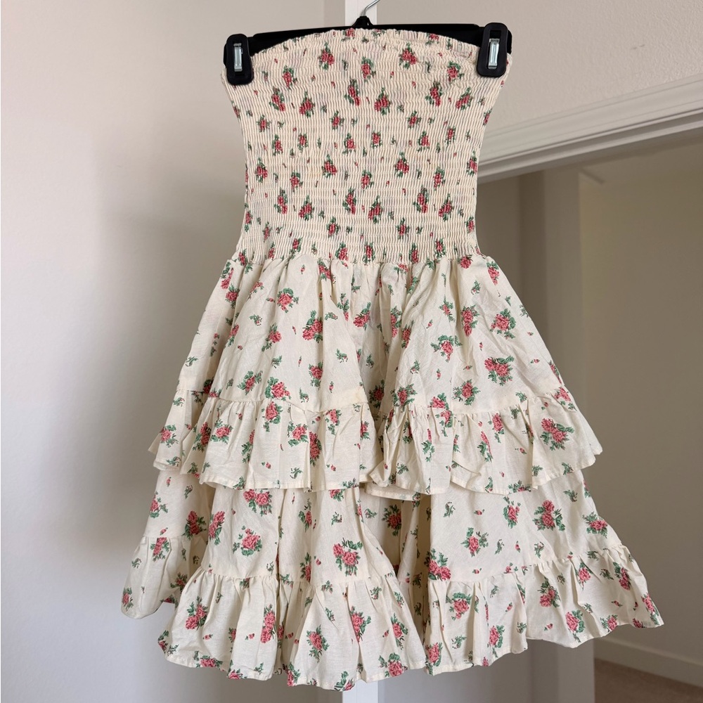 Vici Smocked Tiered Floral Sundress in Cream with Pink Roses